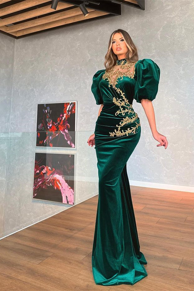 Modern Dark Grren Bubble Sleeves Mermaid Prom Dress With Appliques