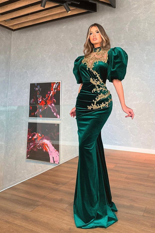 Modern Dark Grren Bubble Sleeves Mermaid Prom Dress With Appliques