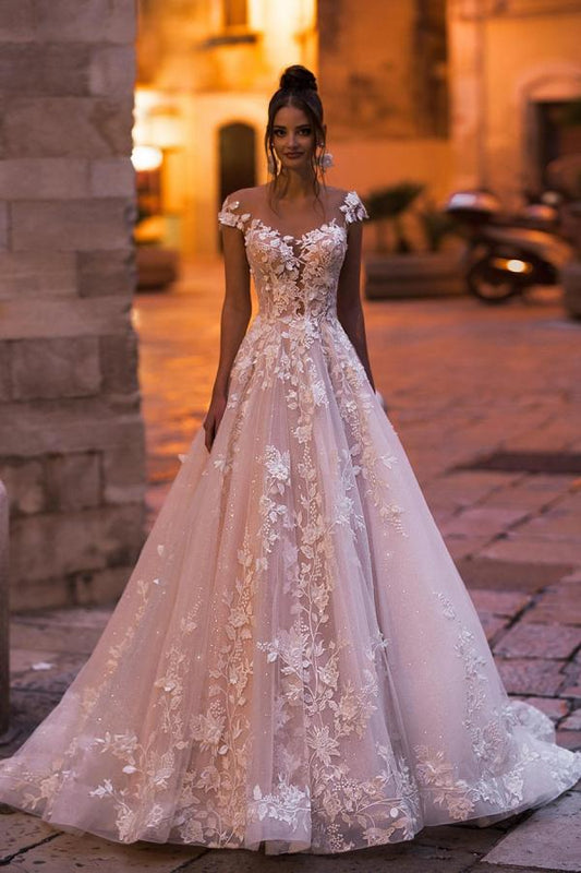 Backless Vintage Bateau Floor-length A-Line Wedding Dress with Lace Appliques and Sequins