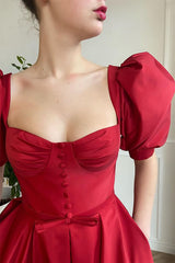Online Wine Red Front Split Short Prom Dress Square with Short Sleeves