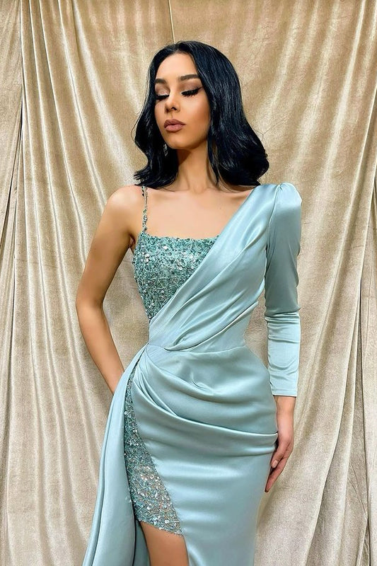 Classic One Shoulder Long Sleeves Mermaid Prom Dress Split With Sequins
