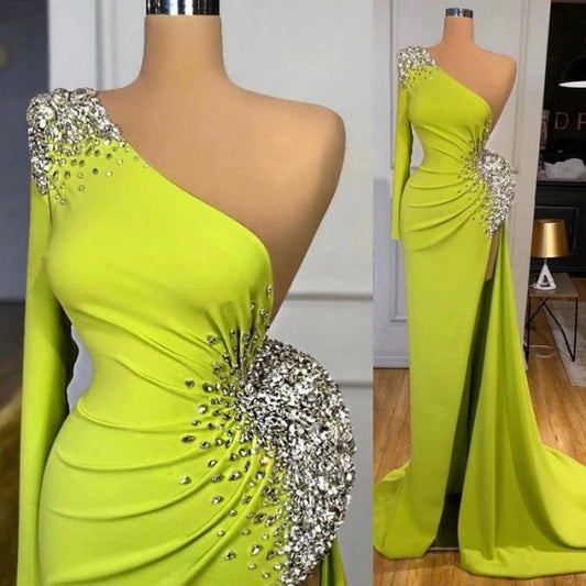 Stunning One Shoulder Long Sleeves Mermaid Prom Dress Split With Beads