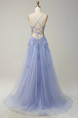 Dusty Pink Spaghetti Strap Tulle V Neck Prom Dress with Lace Appliques