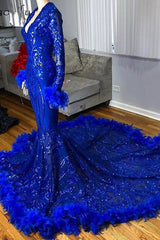 Classy Royal Blue Long Sleeves Prom Dress Mermaid Sequins With Feather