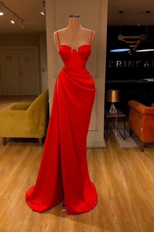 Fabulous Spaghetti-Straps Red Mermaid Prom Dress With Split On Sale