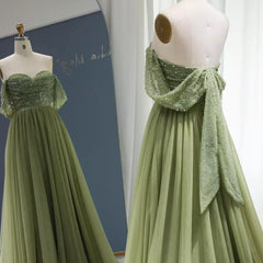 Classic Off-the-Shoulder Sage Prom Dress Sequins Long Tulle With Beads