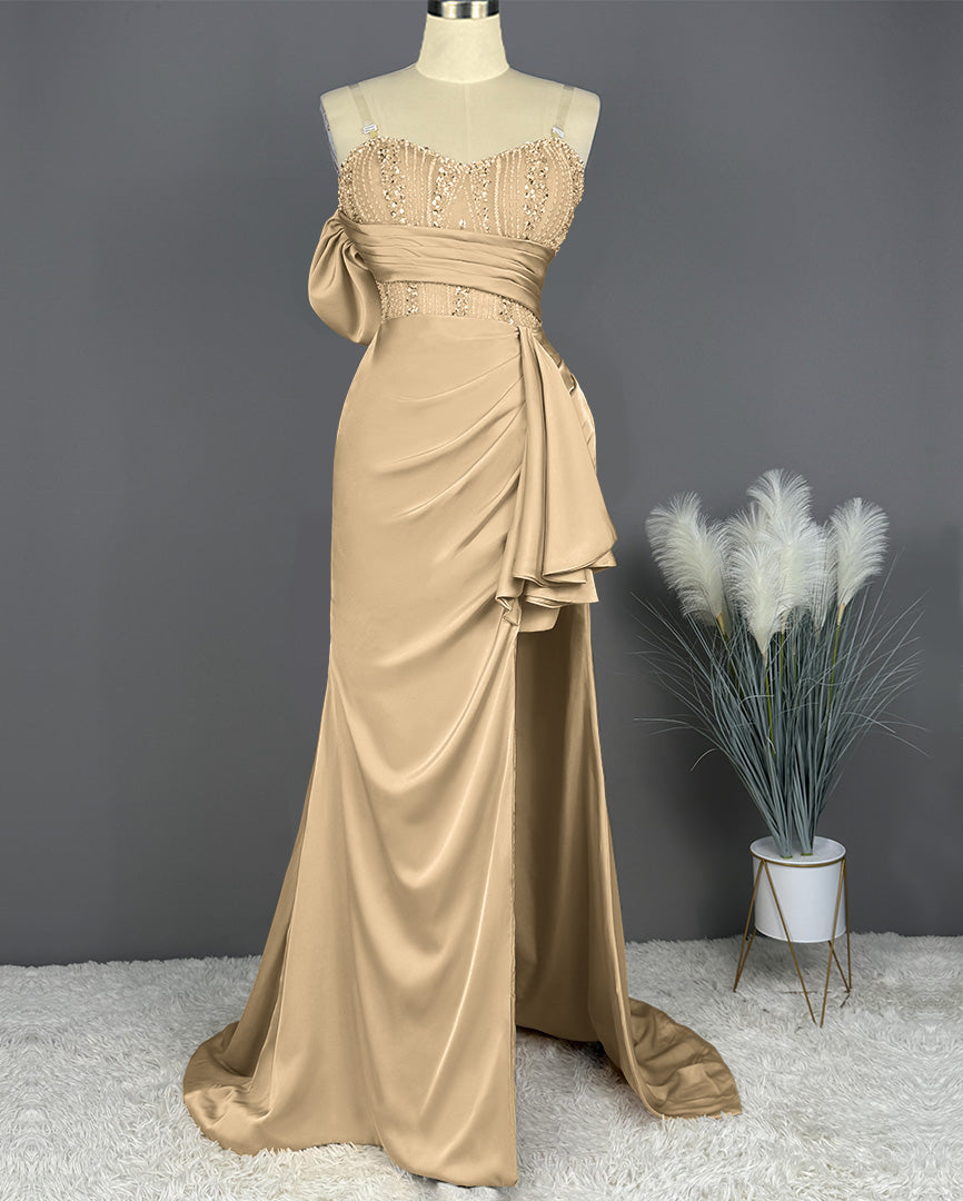 Elegant Spaghetti Straps Split Mermaid Prom Dress Long Pleated Sleeveless Evening Gown with Beading Sequins