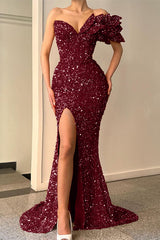 Glitter Orange Off-the-Shoulder V-Neck Mermaid Split Evening Dress with Sequins