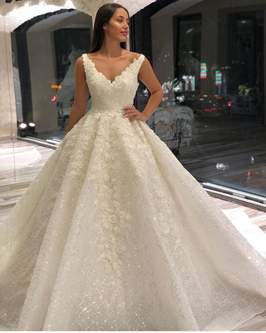 Floor-length A-Line Wedding Dress with Deep V-neck, Elegant Sequins and Appliques Lace