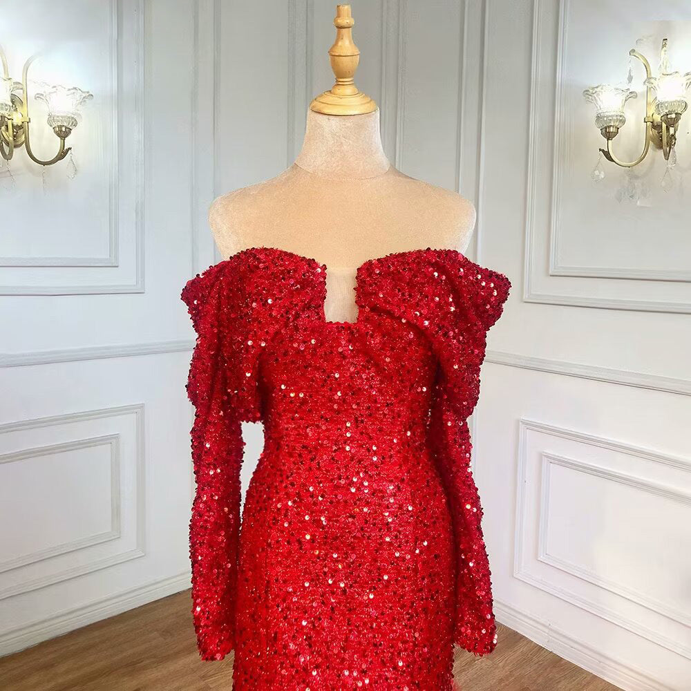 Fashion Red Sequin Prom Dress Long Sleeves A Line With Feather
