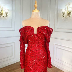 Fashion Red Sequin Prom Dress Long Sleeves A Line With Feather
