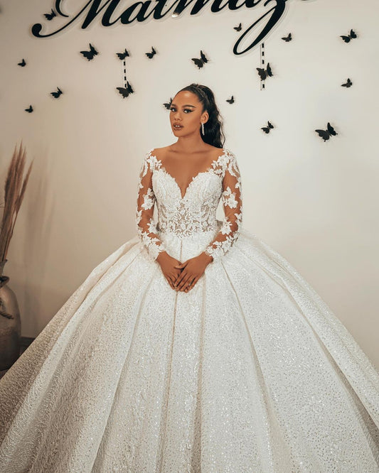 Elegant Sweetheart Ball Gown with Long Sleeves, Ruffles, and Lace Appliques Sequins