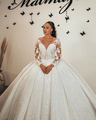 Elegant Sweetheart Ball Gown with Long Sleeves, Ruffles, and Lace Appliques Sequins