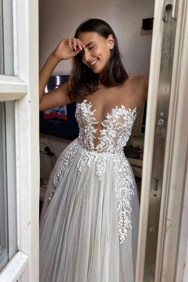 Elegant A-line Sheer Wedding Gown with Tulle Appliques, Floor Length