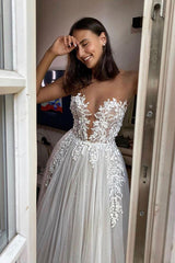 Elegant A-line Sheer Wedding Gown with Tulle Appliques, Floor Length
