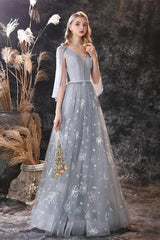 New Arrival Grey Ruffles Long Prom Dress Tulle With Embrodiary
