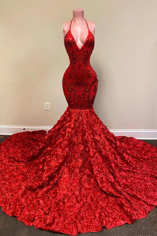 Classic Spaghetti-Straps Red Prom Dress Mermaid Sequins Flowers Bottom
