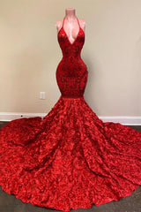 Classic Spaghetti-Straps Red Prom Dress Mermaid Sequins Flowers Bottom
