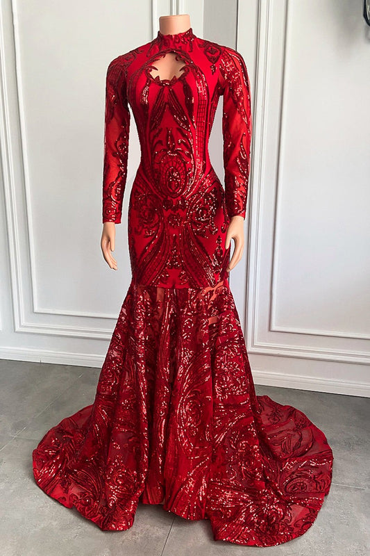 Modern Red Long Sleeves Sequins Prom Dresses Mermaid High Neck