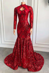 Modern Red Long Sleeves Sequins Prom Dresses Mermaid High Neck