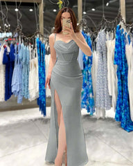 Black Spaghetti Strap Sleeveless Prom Dress Sweatheart Neck With High Slit