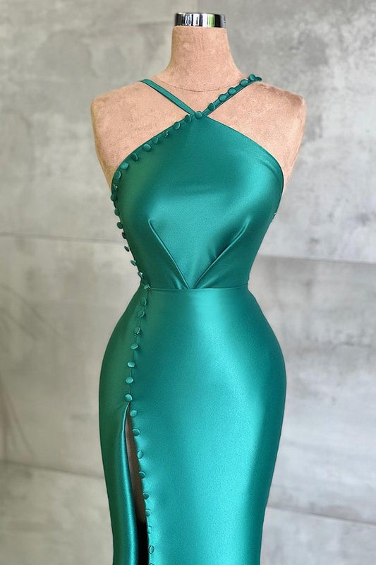 Amazing Jade Halter Sleeveless Prom Dress Mermaid With Slit Buttons