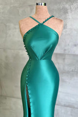 Amazing Jade Halter Sleeveless Prom Dress Mermaid With Slit Buttons