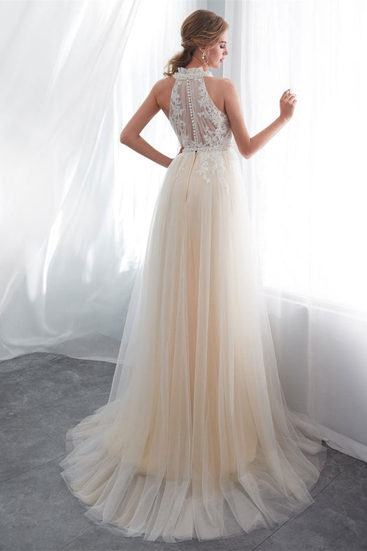 Wedding Dress With Appliques in High-Neck Tulle