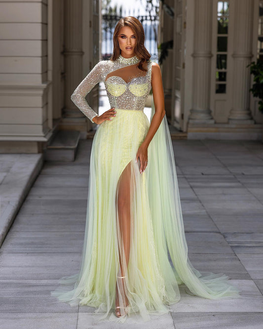 Glamorous Daffodil High Neck Prom Dresses Long Sleeves Tulle Split With Sequins Beads