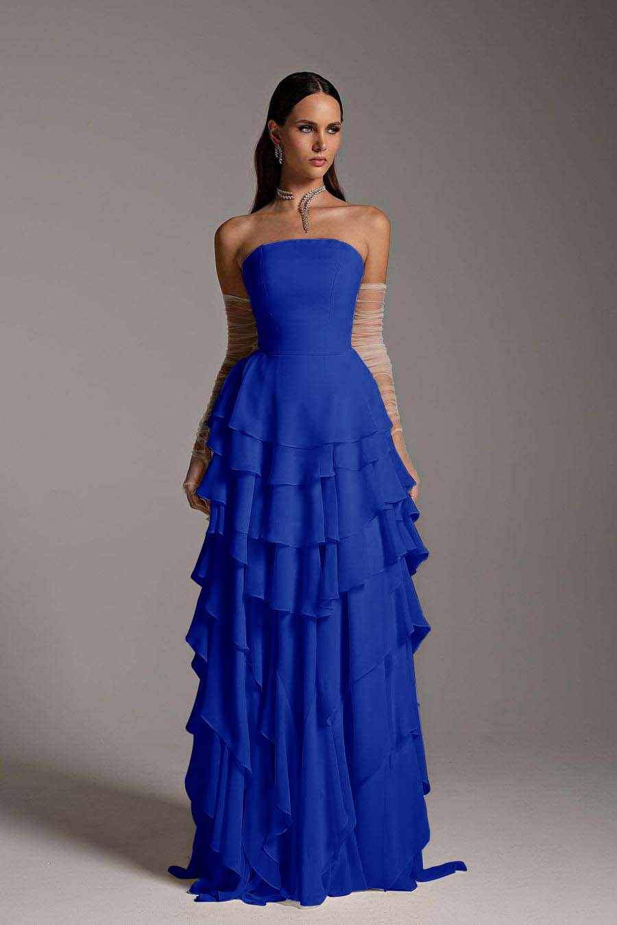 Charming Strapless Sleeveless Square Ruffles Long Prom Dress With Gloves