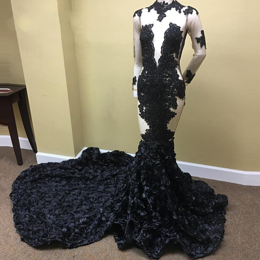 Classy Black Long Sleeves Prom Dress Mermaid Appliques WIth Flowers Bottom