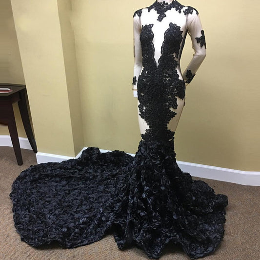 Classy Black Long Sleeves Prom Dress Mermaid Appliques WIth Flowers Bottom