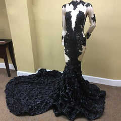 Classy Black Long Sleeves Prom Dress Mermaid Appliques WIth Flowers Bottom