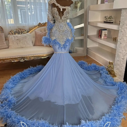 Stunning Dusty Blue One Shoulder Long Sleeve Prom Dress Mermaid Long With Beadings Feathers