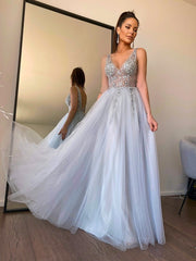 Modern V-Neck Sleeveless Prom Dress With Crystals