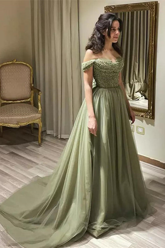 Classic Off-the-Shoulder Sage Prom Dress Sequins Long Tulle With Beads