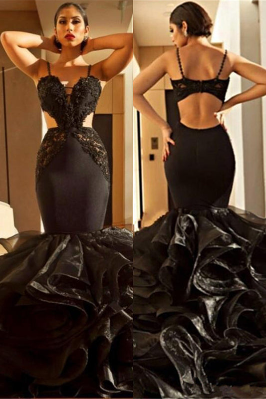 Glamorous Black Spaghetti-Straps Mermaid Prom Dresss Lace Appliques With Ruffles