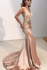 Modern Spaghetti-Straps V-Neck Prom Dress Mermaid Backless With Appliques