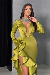 Chic Sage Long Sleeves Mermaid Prom Dress Beadings With Split