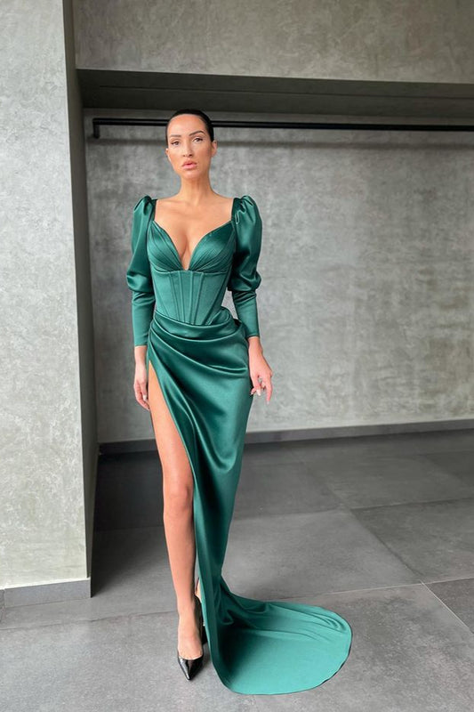 Elegant Long Sleevess V-Neck Mermaid Prom Dress With Slit
