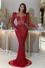 Gorgeous Red Deep V-Neck Long Sleeves Mermaid Prom Dress With Beaded Sequins