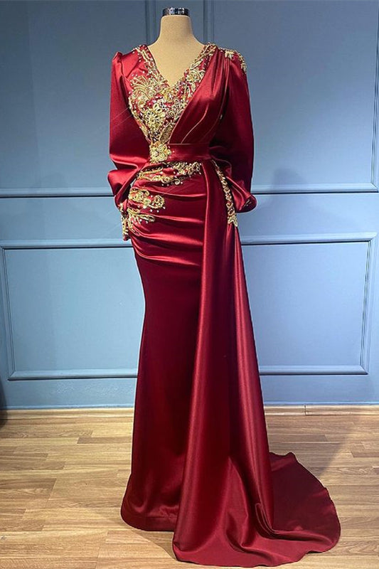Burgundy Long Sleeves Beads Mermaid Ruffles Evening Dress with Appliques