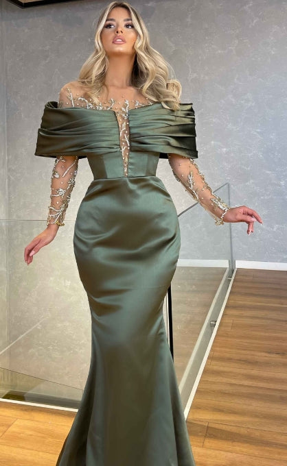 Green Prom Dress Off-the-shoulder Long Sleeves Beaded Embellished Mermaid Dress