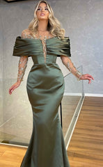 Green Prom Dress Off-the-shoulder Long Sleeves Beaded Embellished Mermaid Dress