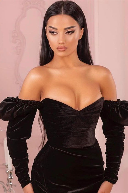 Charming Black Velvet Prom Dress Mermaid Slit WIth Detachable Sleeves
