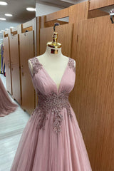 Dusty Pink V-Neck Sleeveless Prom Dress Tulle Long with Appliques