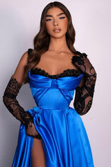Gorgeous Straps Ocean Blue Prom Dress Long Split With Appliques