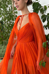 Amazing Bright Orange V-Neck Chiffon Prom Dress Sleeveless With Cape Side Split
