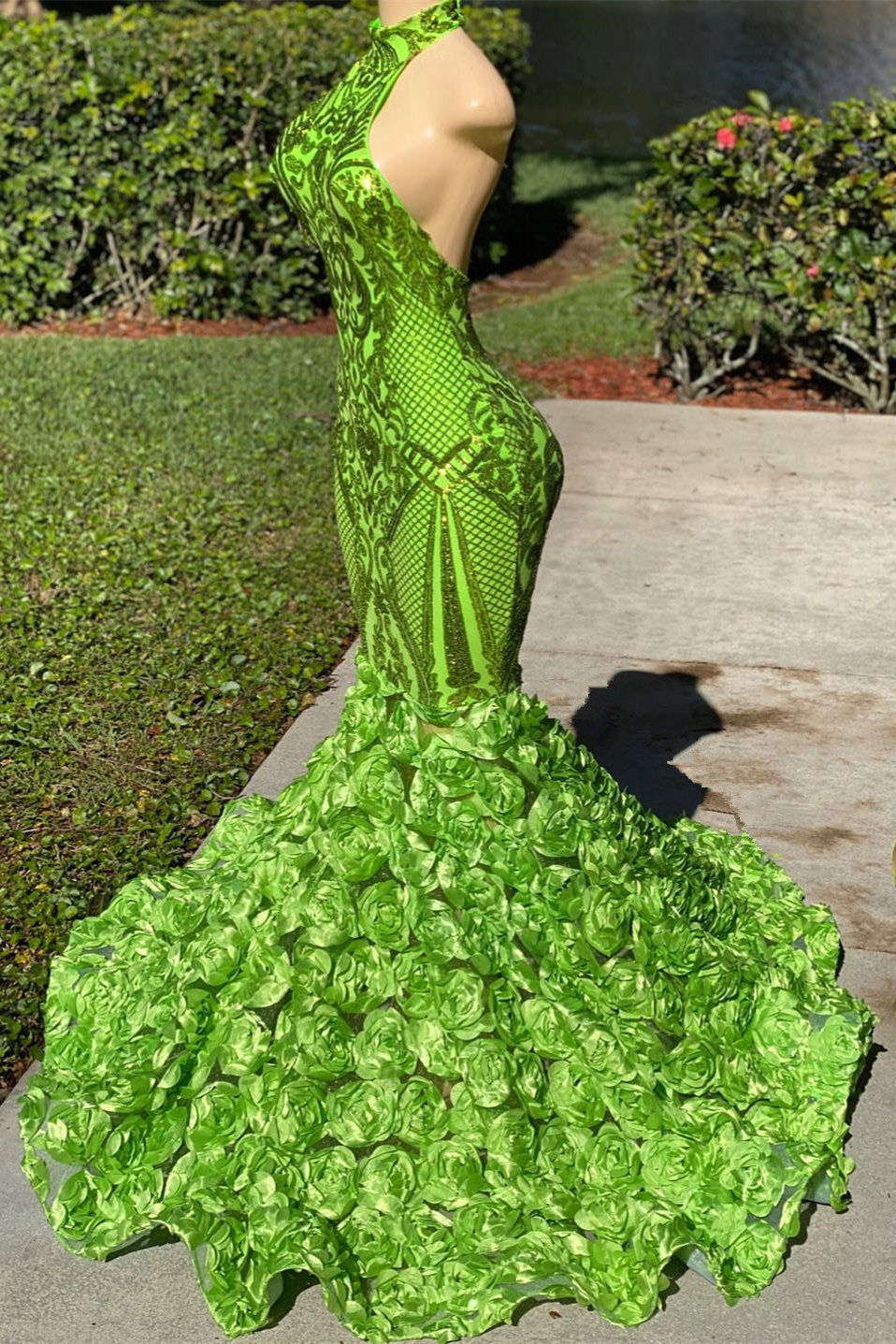 Fabulous High Neck Sleeveless Prom Dress Mermaid Green With Rose Bottom Sequins