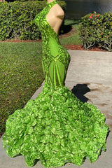 Fabulous High Neck Sleeveless Prom Dress Mermaid Green With Rose Bottom Sequins
